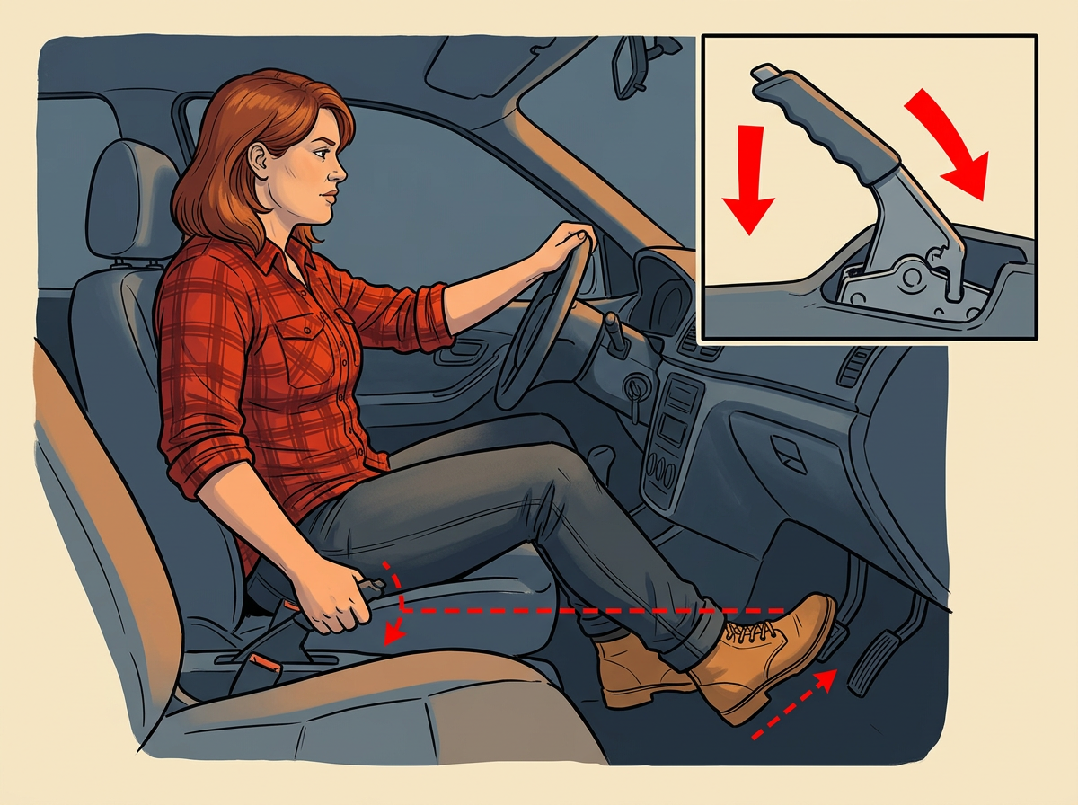 2: SET both parking brakes fully and switch off every light, radio, and accessory.