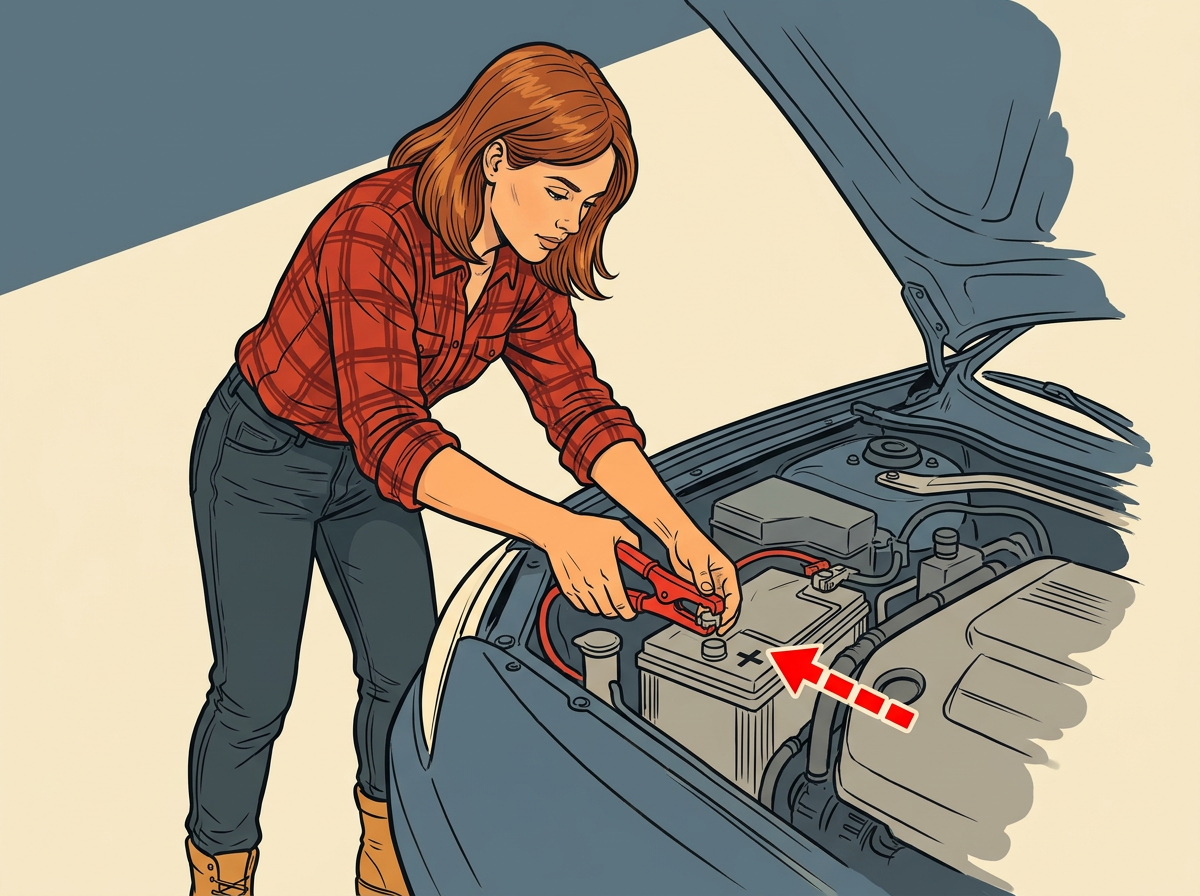 3: CLIP the red clamp onto the dead-battery positive post marked plus, keeping the jaws clear of all other metal.