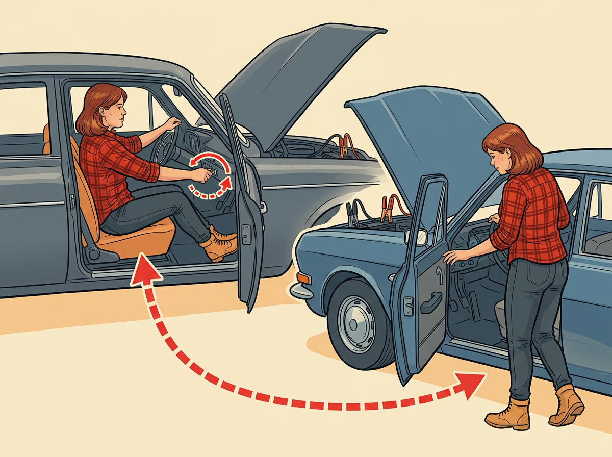 7: START the good car and let it idle three full minutes before you touch the dead-car key.