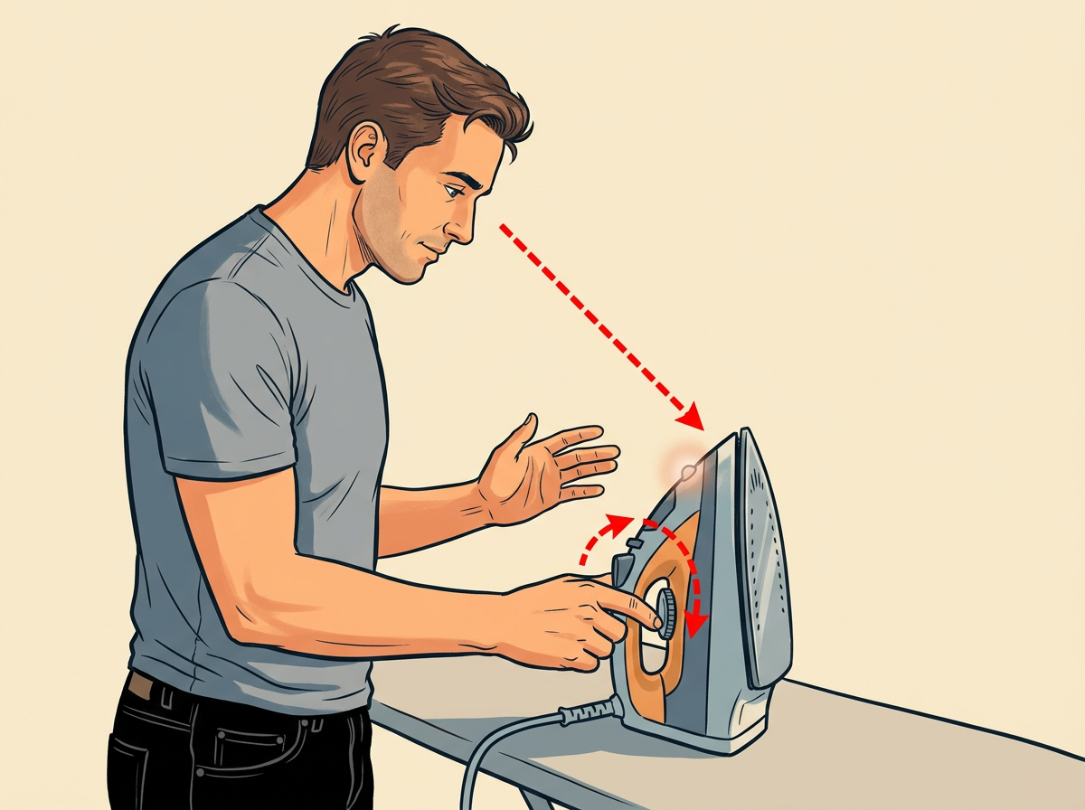 HEAT the iron to the cotton setting while keeping your fingers off the soleplate.