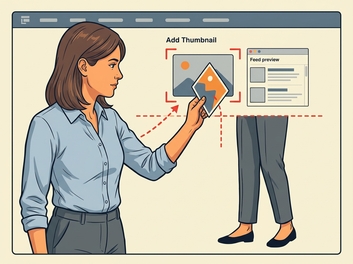 5: SWAP the thumbnail through the image well near the top of the article editor, choosing a wide bright still that stays clear when shrunk.