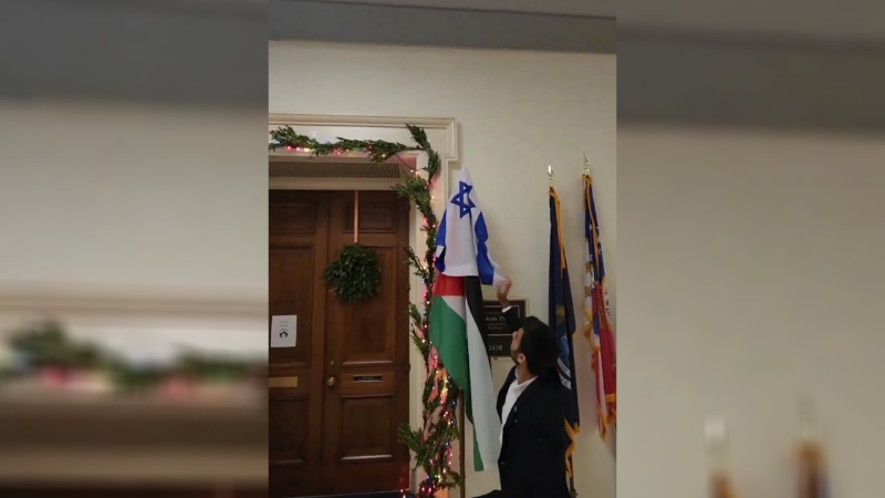 Pro-Israel Activist Puts Hostage Posters Up Outside Tlaib’s Office, Covers Her Palestinian Flag