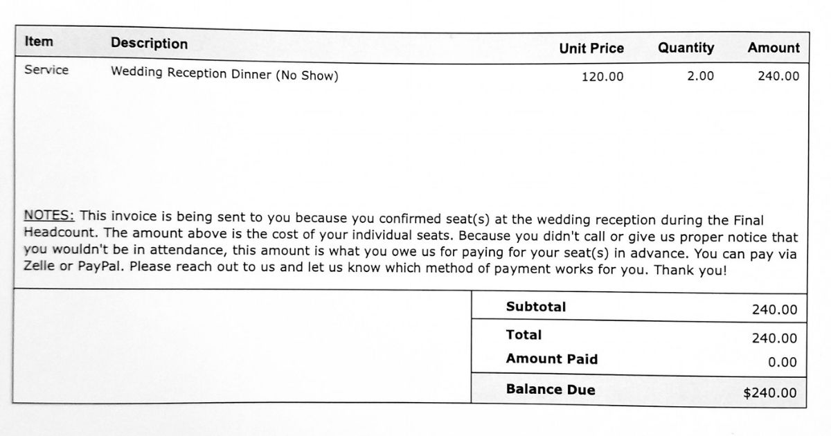Groom Designs $240 Invoice for No-Shows of Destination Wedding, Posts It on Social Media