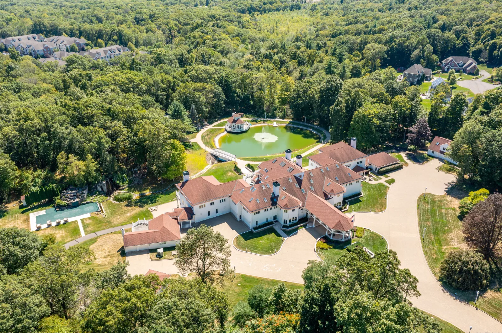 The grounds from above — the pond, the outdoor pool, the sports courts and the guesthouses.