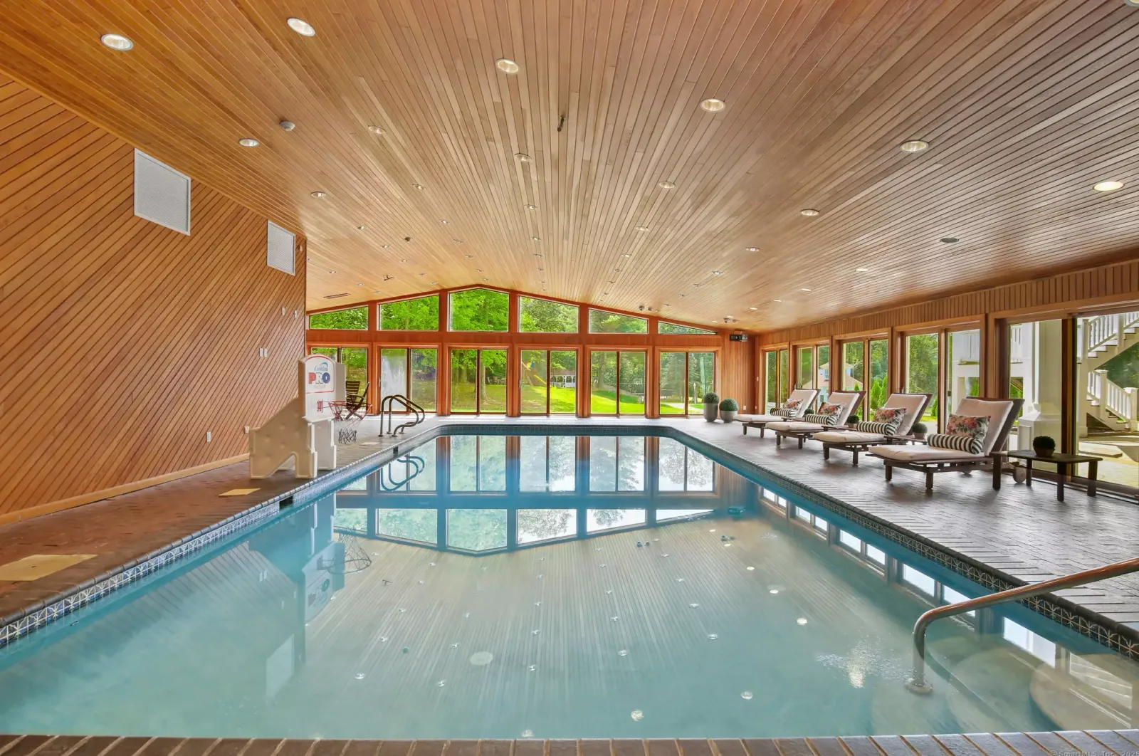 The indoor pool, with windows onto the grounds.