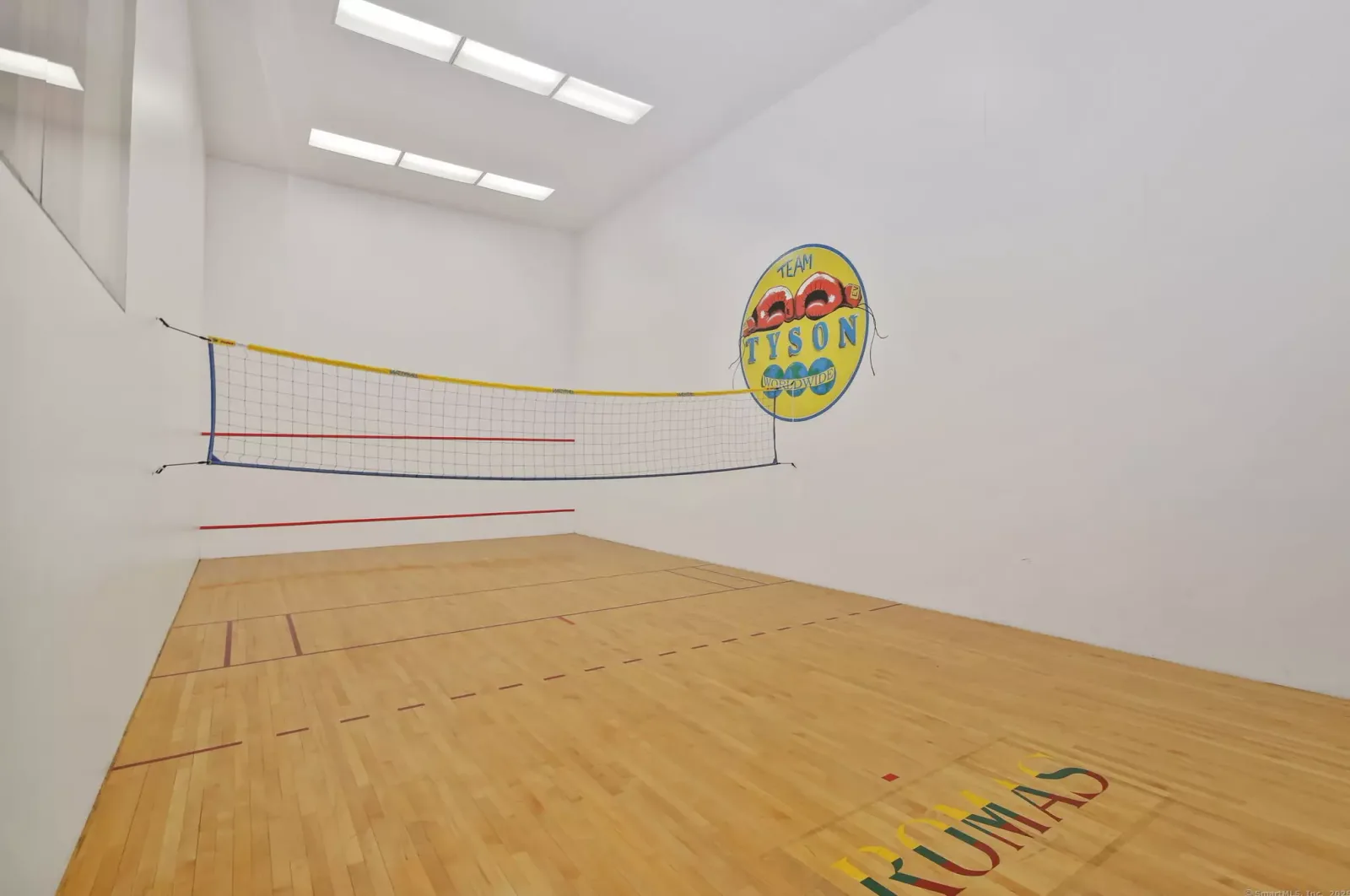 The racquetball court, with a Tyson mural still on the wall.