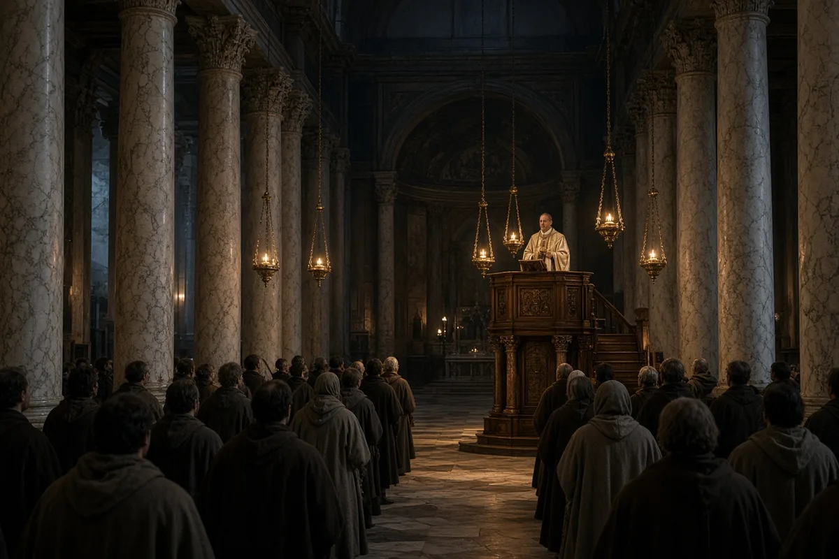 Augustine listened to Bishop Ambrose preach in Milan, advancing his path toward Christianity.