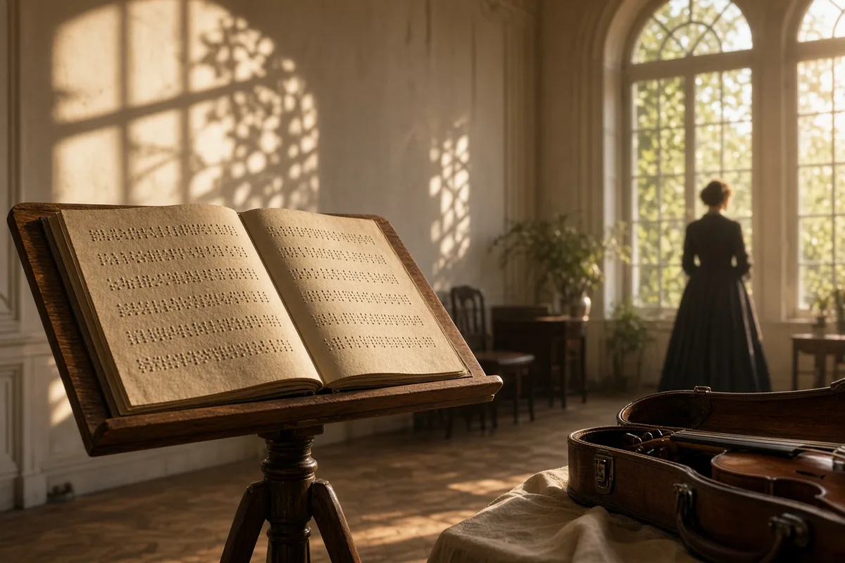 Braille's 1830 publication adapted the dot system to represent musical pitch, rhythm, and expression on a single line.