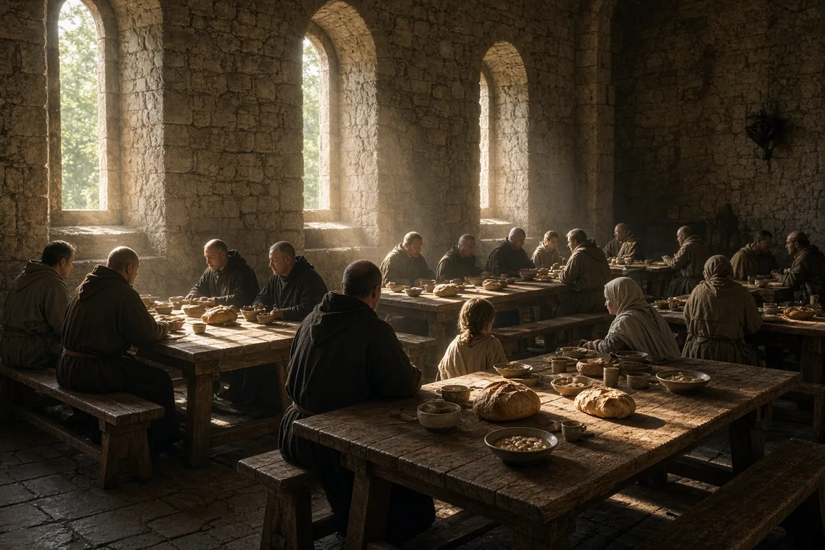 Communal meals in the abbey refectory sustained both the monks and the families they sheltered after the Viking raids.
