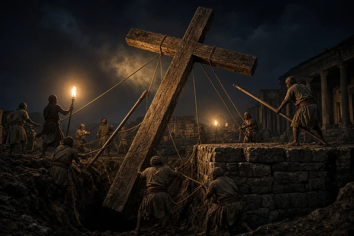The identified True Cross was raised for veneration after its discovery in 326.