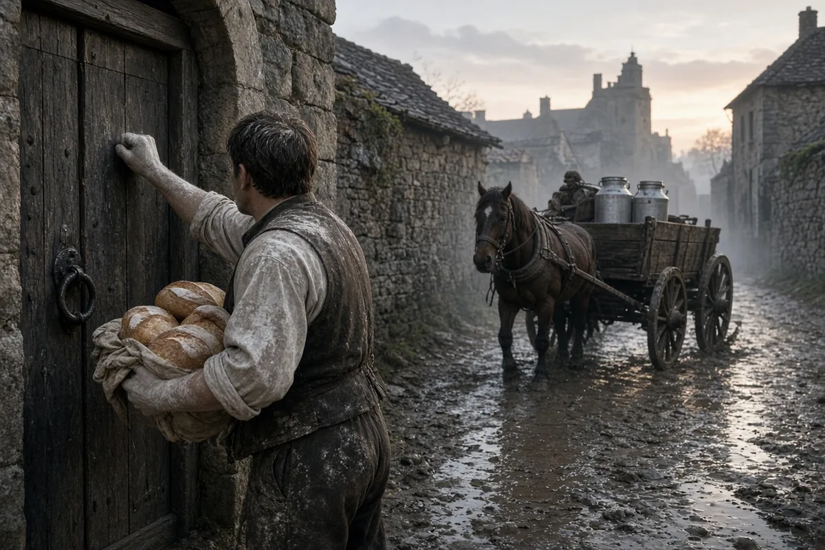 Minutes after the children's prayer, a baker unexpectedly delivered bread and a milkman offered his cart's entire load after his wheel broke outside the orphanage.