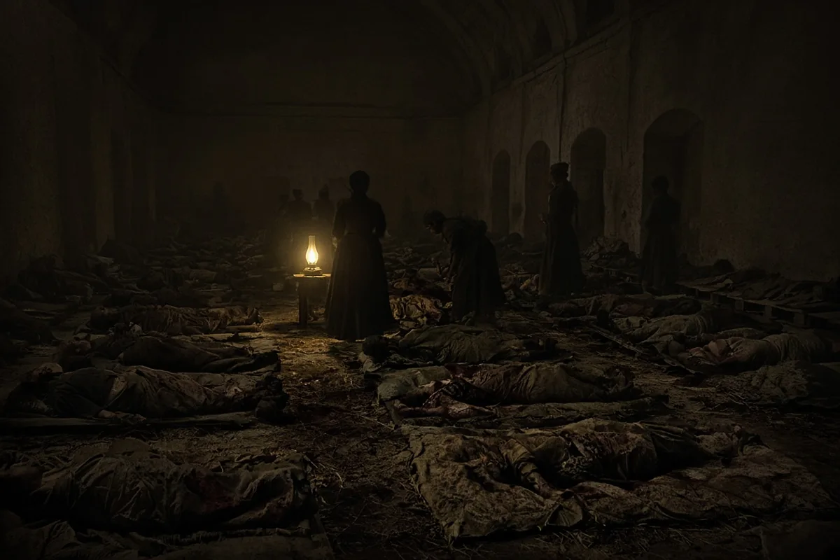 The hospital wards were overcrowded, unsanitary, and lacked basic supplies upon her arrival.