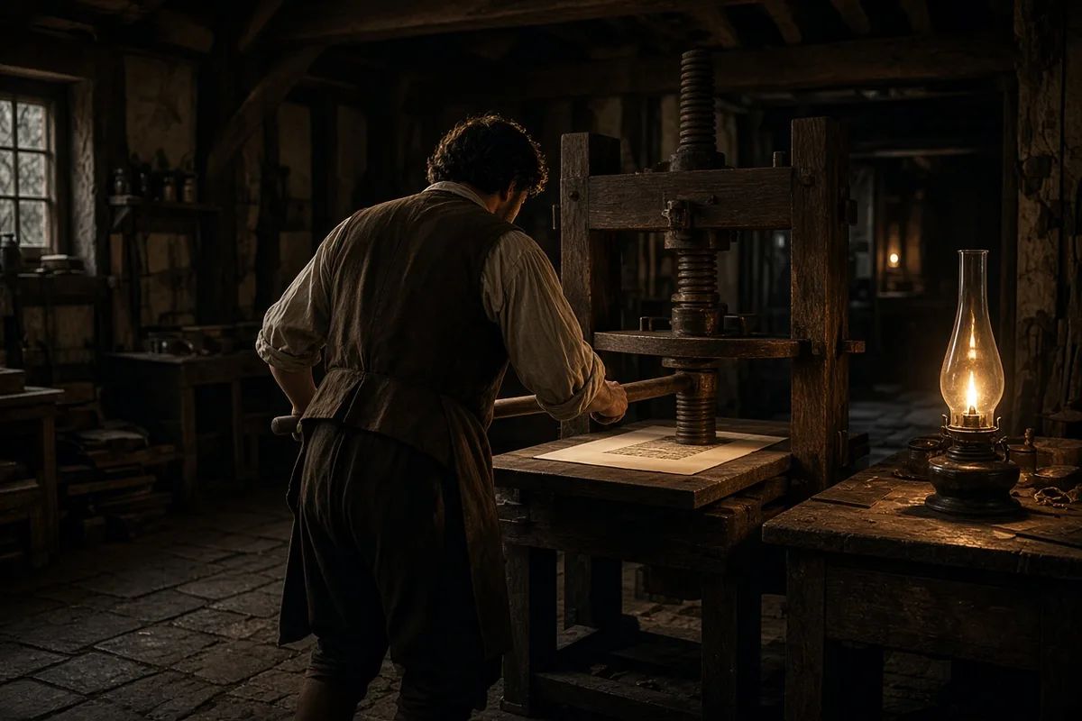 The screw press, adapted from wine and olive presses, delivered the even pressure needed for legible text.
