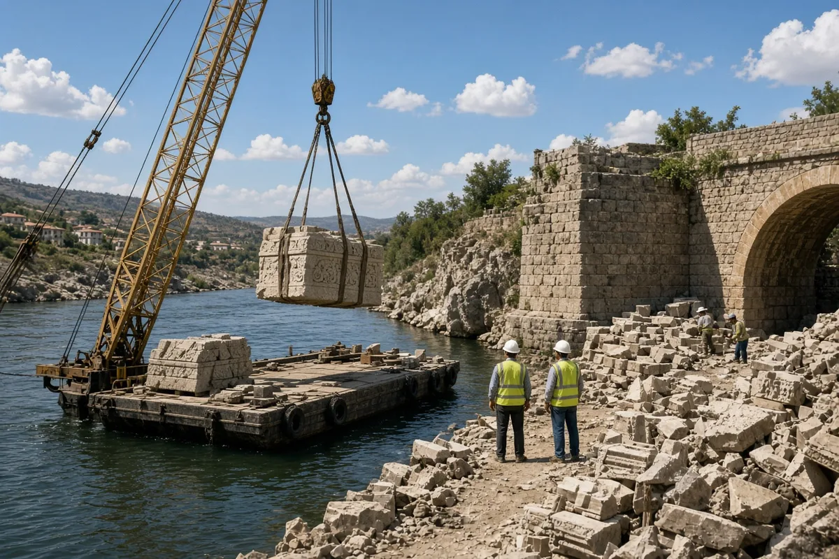Original 16th-century stones recovered from the river were incorporated into the reconstruction alongside newly quarried limestone.