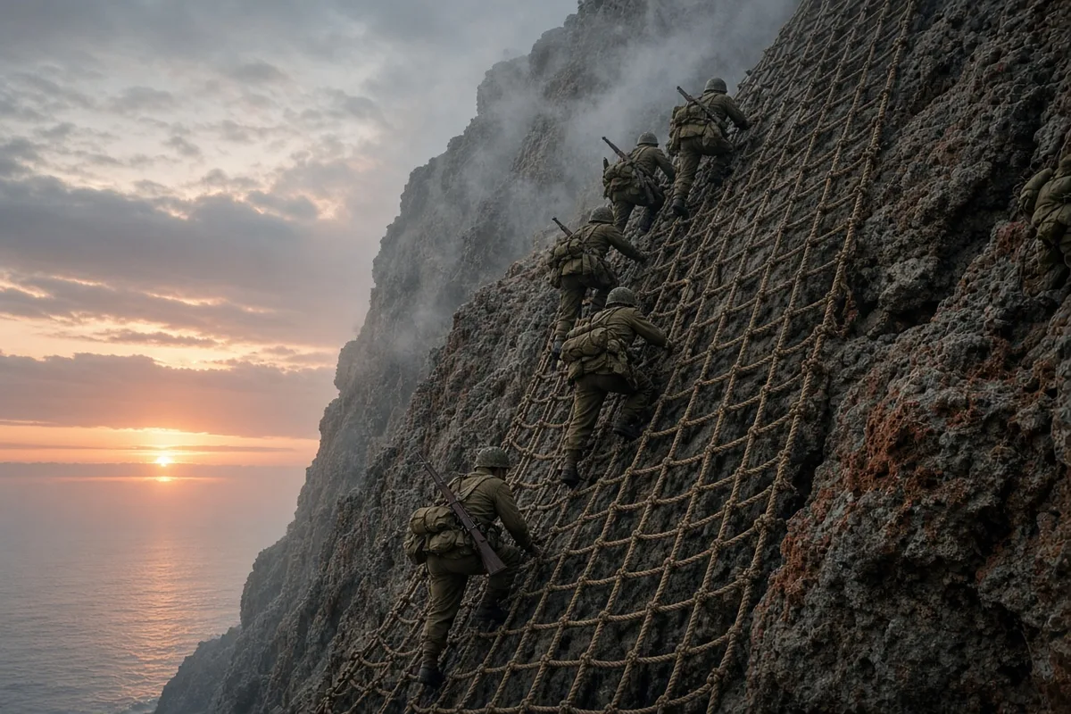In late April 1945, American troops of the 77th Infantry Division climbed cargo nets up the nearly 400-foot Maeda Escarpment on Okinawa, later known as Hacksaw Ridge.