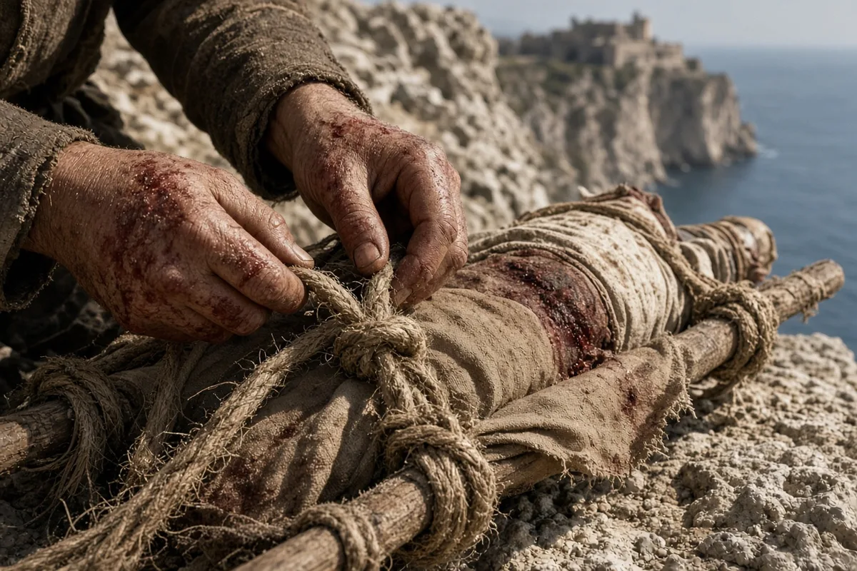 Doss used a homemade single-loop knot to rig a rope litter, lowering wounded men one by one down the cliff face to safety.