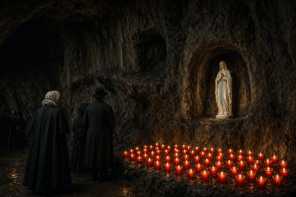 The Grotto of Massabielle served as the central site of prayer during 1950s pilgrimages.