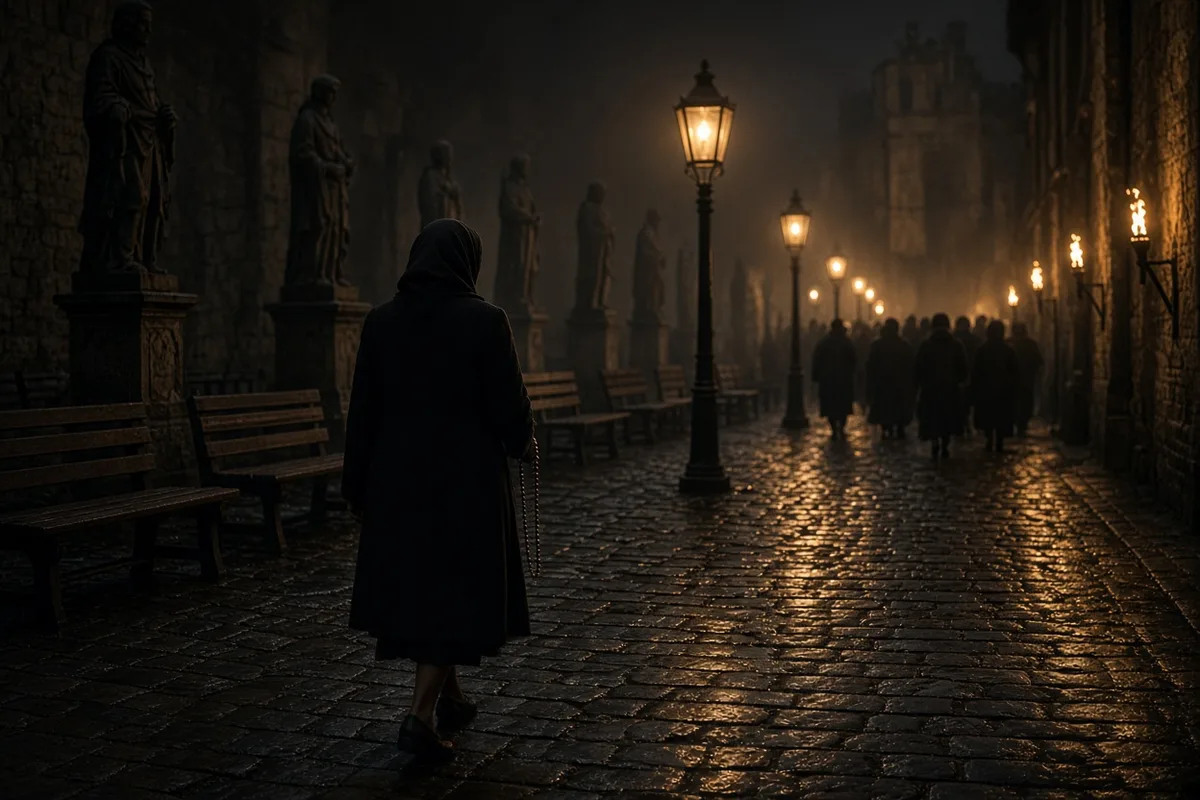 The wife joined the evening procession at the Lourdes sanctuary where her recovery would later be documented.
