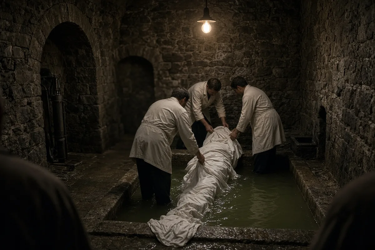 Elisa Aloi was immersed in the Lourdes baths as part of the traditional pilgrimage ritual.