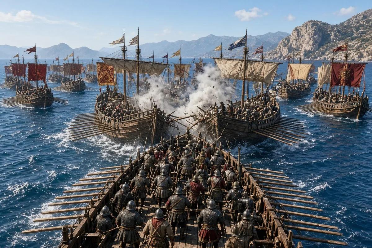 Christian and Ottoman fleets engaged at Lepanto on October 7, 1571.