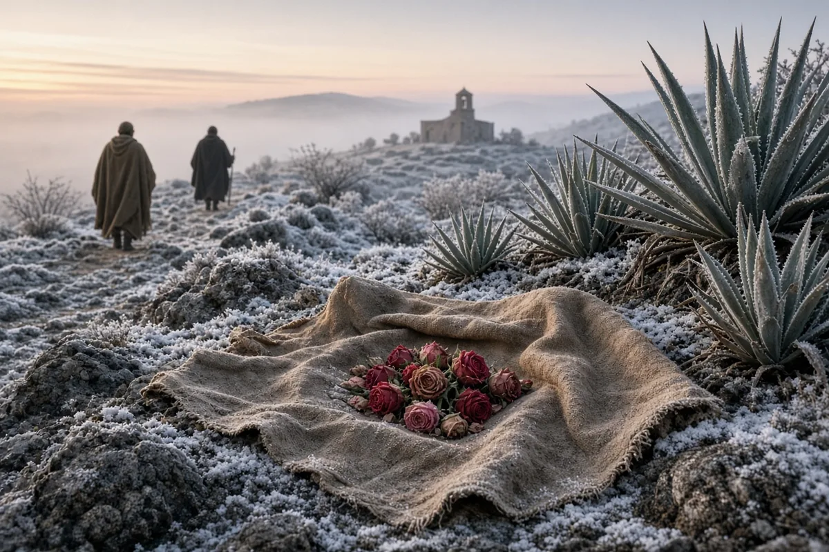In December 1531, Juan Diego gathered roses blooming out of season on Tepeyac hill.