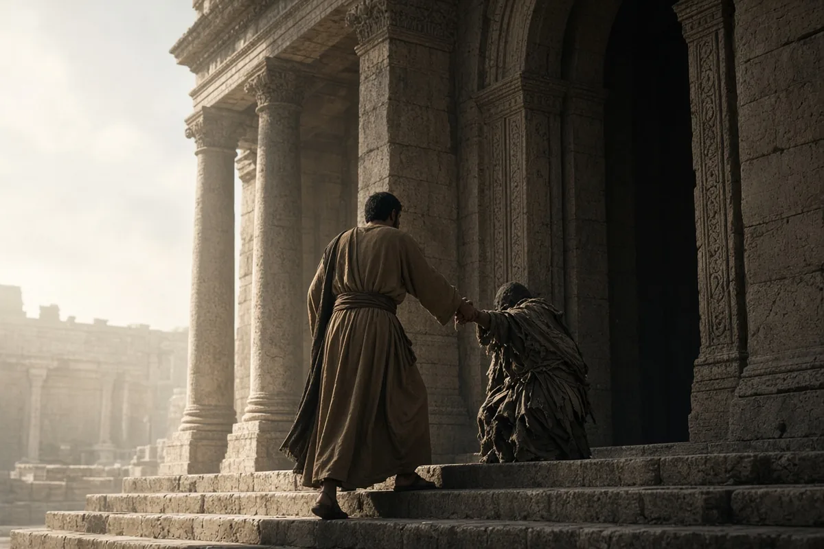 Peter took the man by the right hand and lifted him up.