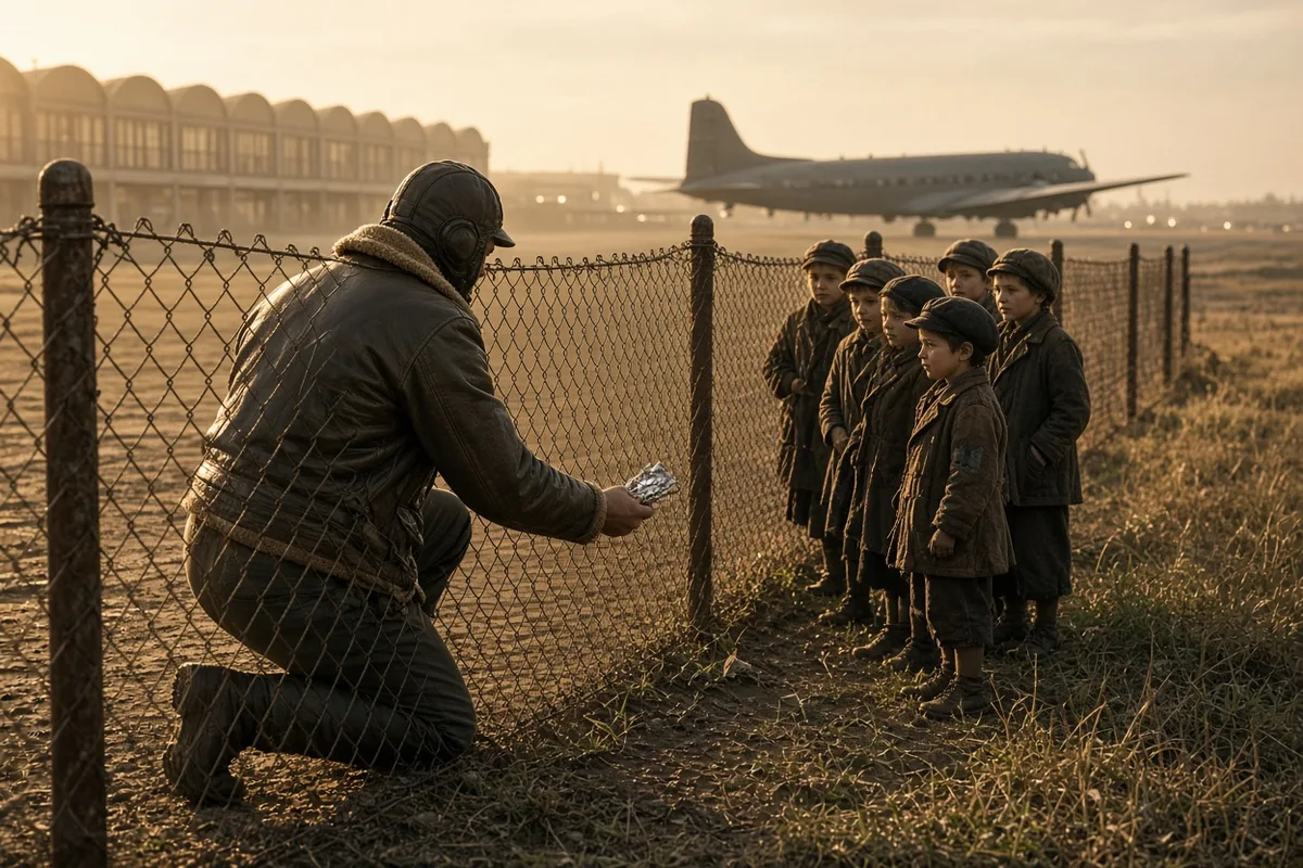 In July 1948, U.S. pilot Gail Halvorsen began sharing his gum with Berlin children gathered at the Tempelhof airfield fence during the Soviet blockade.