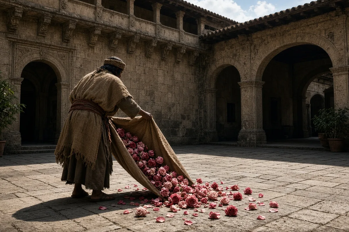 The bishop's servants witnessed roses fall from the tilma when Juan Diego presented it in 1531.