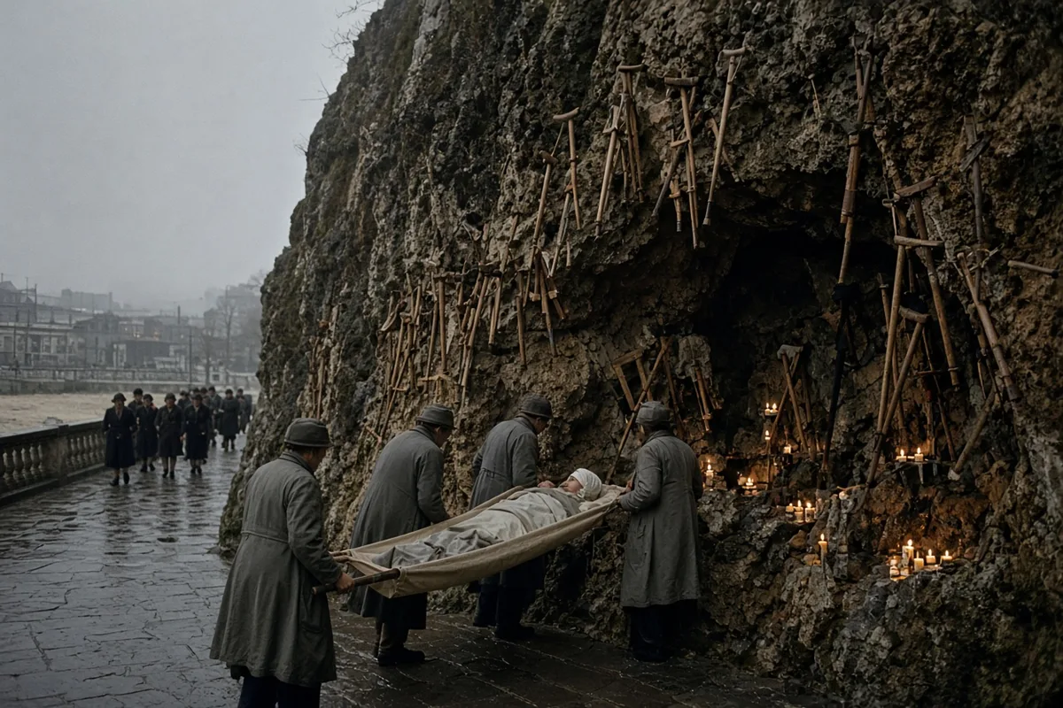 Jeanne Fretel arrived at the Lourdes shrine on a stretcher.