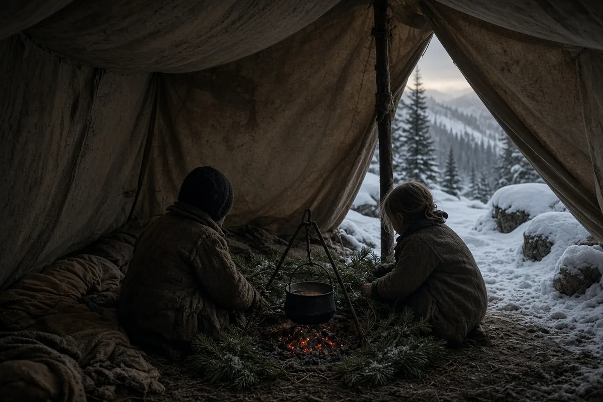 Survivor accounts describe the Donner and Reed children maintaining small fires inside snow-covered tents during the winter of 1846-47.