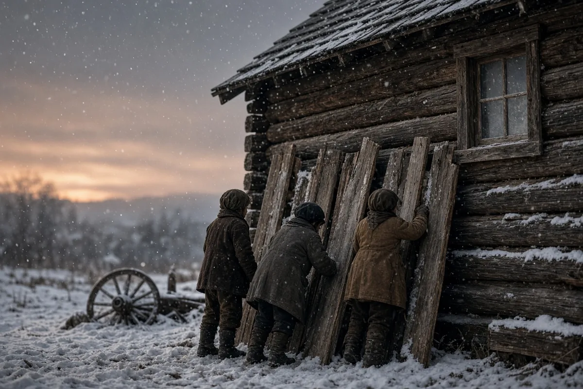 Survivor testimonies record the use of dismantled wagons for shelter reinforcement in the deep snow.
