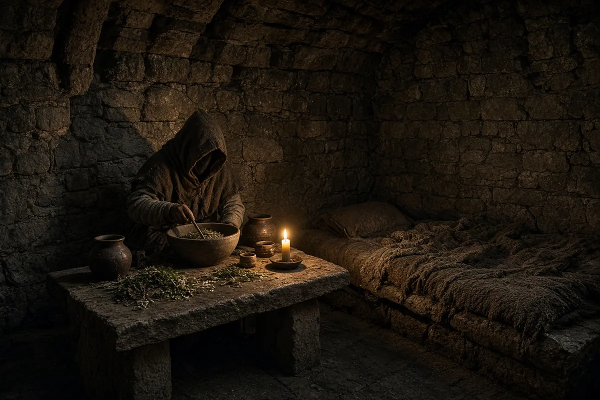 Bede notes Cuthbert's solitary preparation of simple remedies while living as a hermit.
