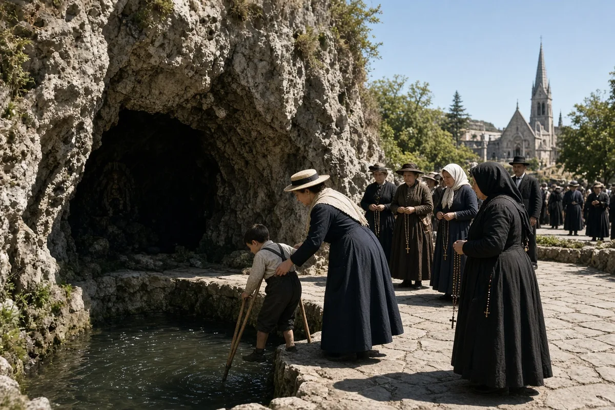 The boy was immersed in the Lourdes spring waters during the pilgrimage.