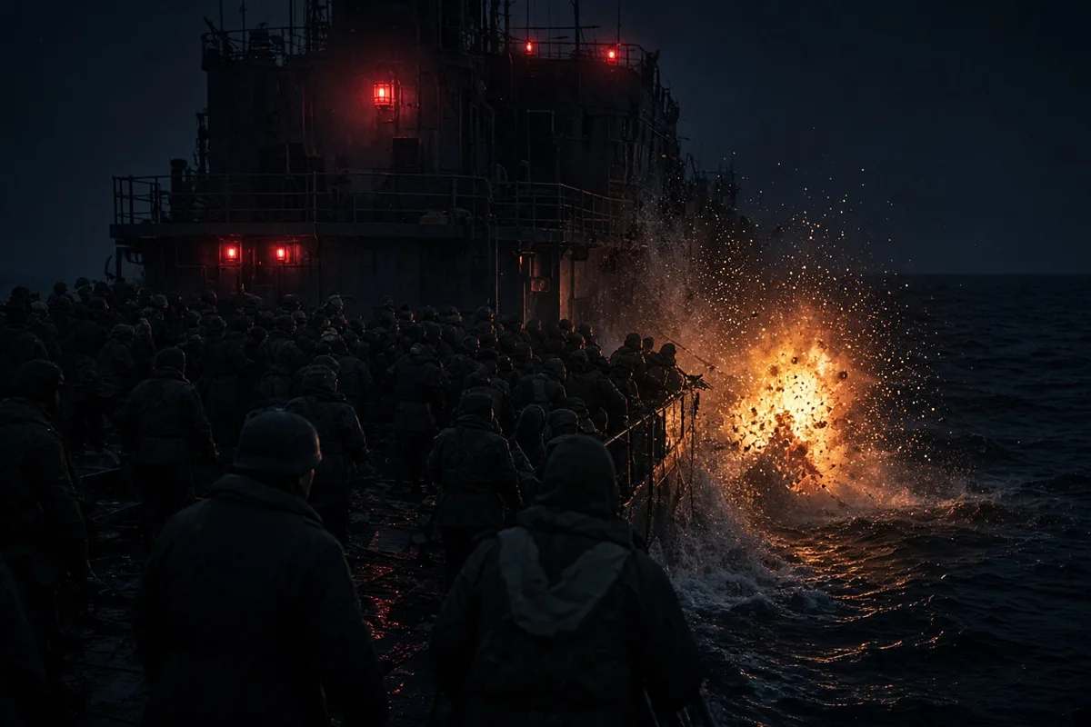 A German U-boat torpedo struck the SS Dorchester shortly after midnight, killing many instantly and dooming the vessel.