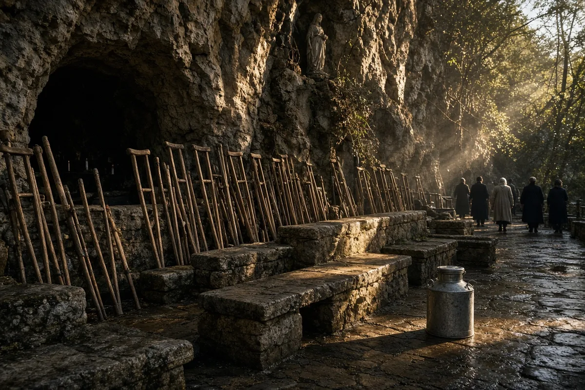 The Grotto at Lourdes served as the central site where both Jeanne Fretel and her brother participated in the 1949 pilgrimage rites.