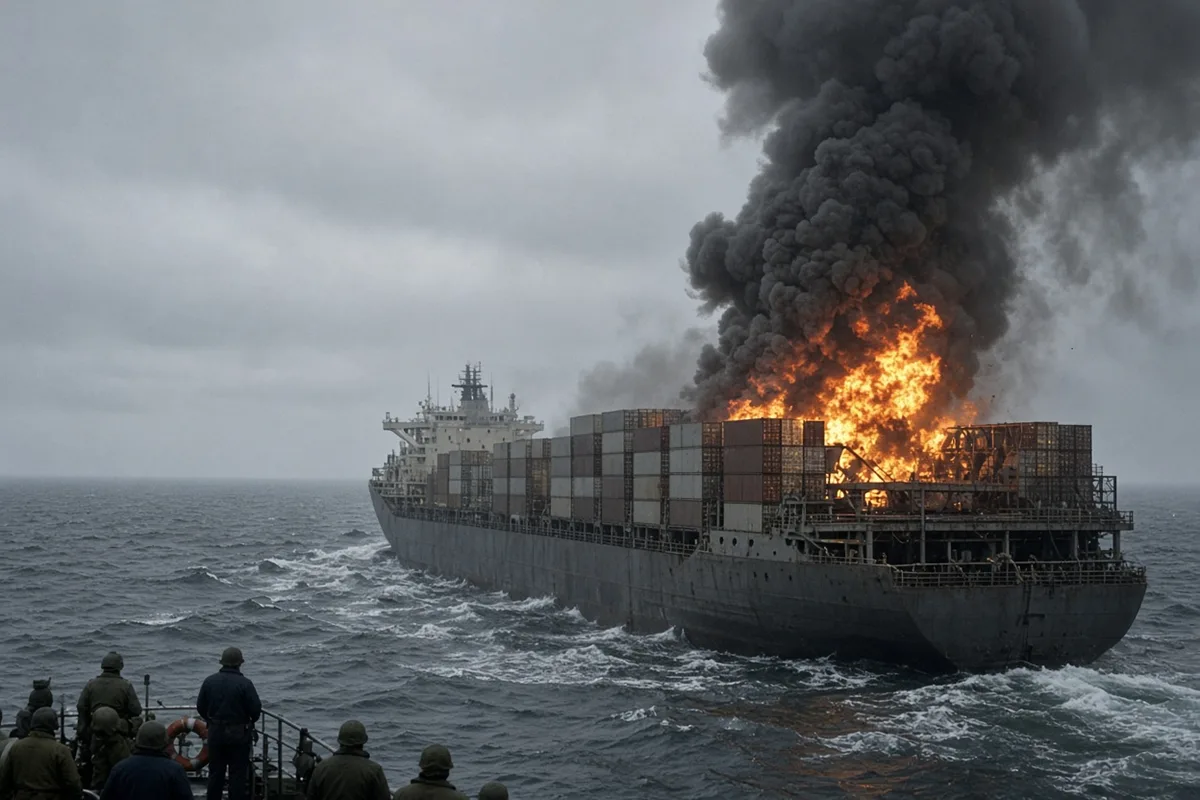 The SS Atlantic Conveyor was struck by two Argentine Exocet missiles on 25 May 1982 during the Falklands War, causing rapid fires and eventual sinking.