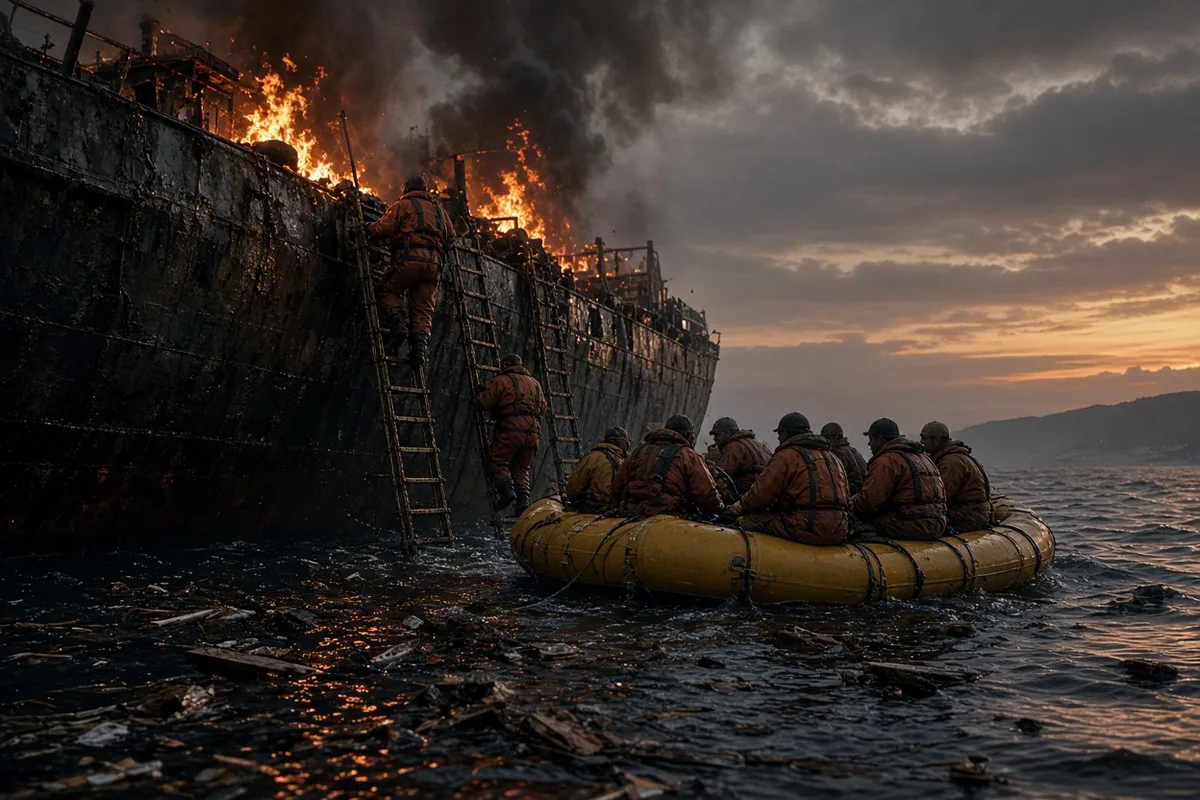 Survivors abandoned the sinking vessel into life rafts after the missile attack, with limited supplies including minimal fresh water.