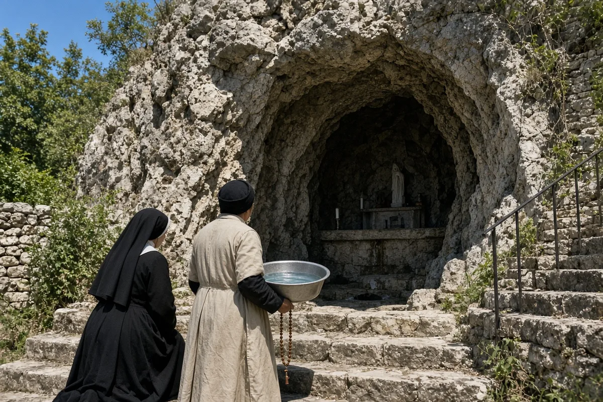 Pilgrims and attendants assisted the nun at the Lourdes grotto according to contemporary witness accounts.