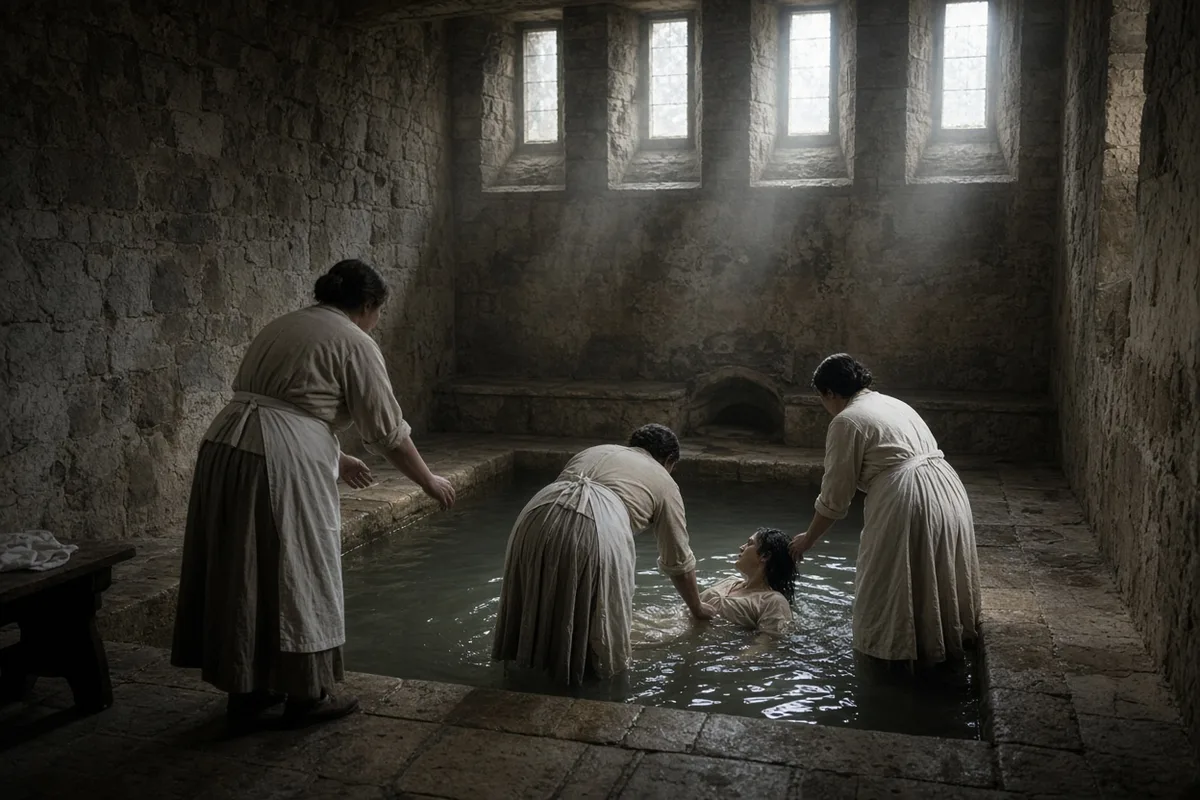 The immersion in the Lourdes baths was performed under the supervision of sanctuary staff in 1908.