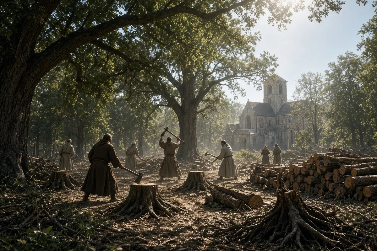 The founding community cleared dense woodland to create space for monastic buildings and fields.