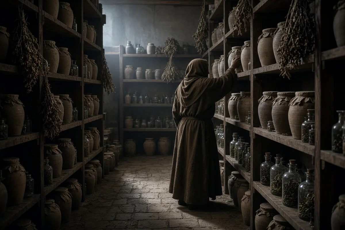 The convent clinic maintained an extensive pharmacy of herbal preparations drawn from classical and local sources.