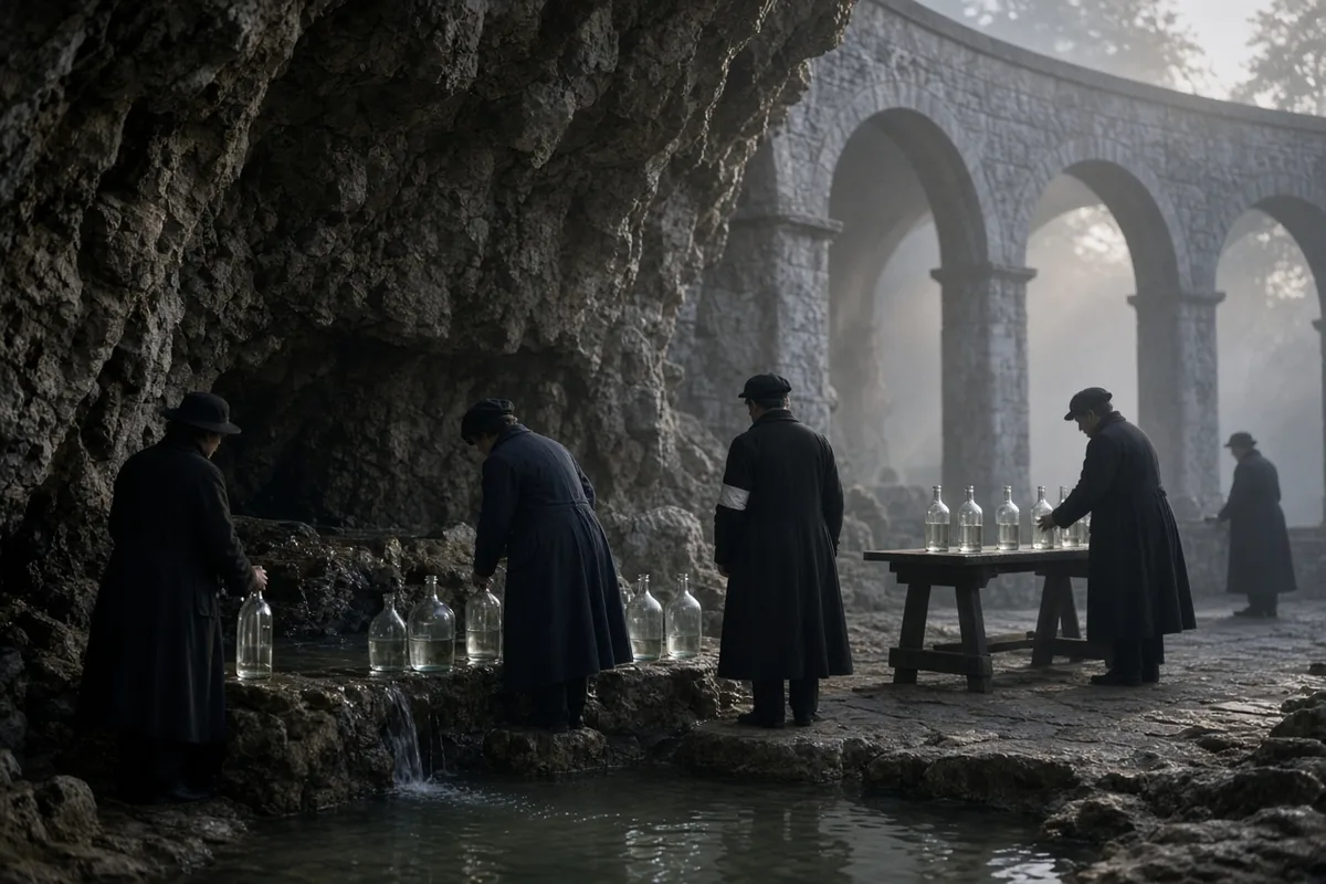 Pilgrims collected water from the Lourdes spring in 1953 for use in reported healings.