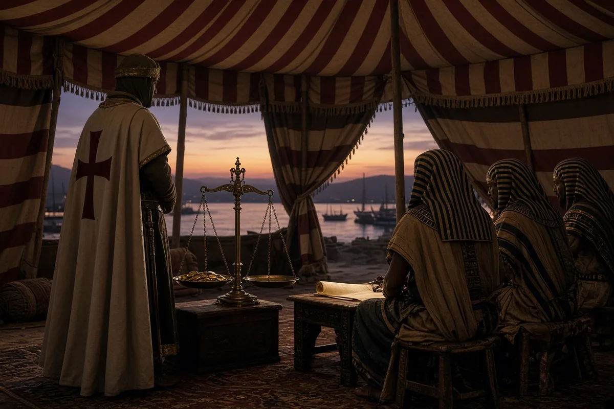 Joinville describes Louis personally supervising the weighing of ransom sums to guarantee fair exchange.