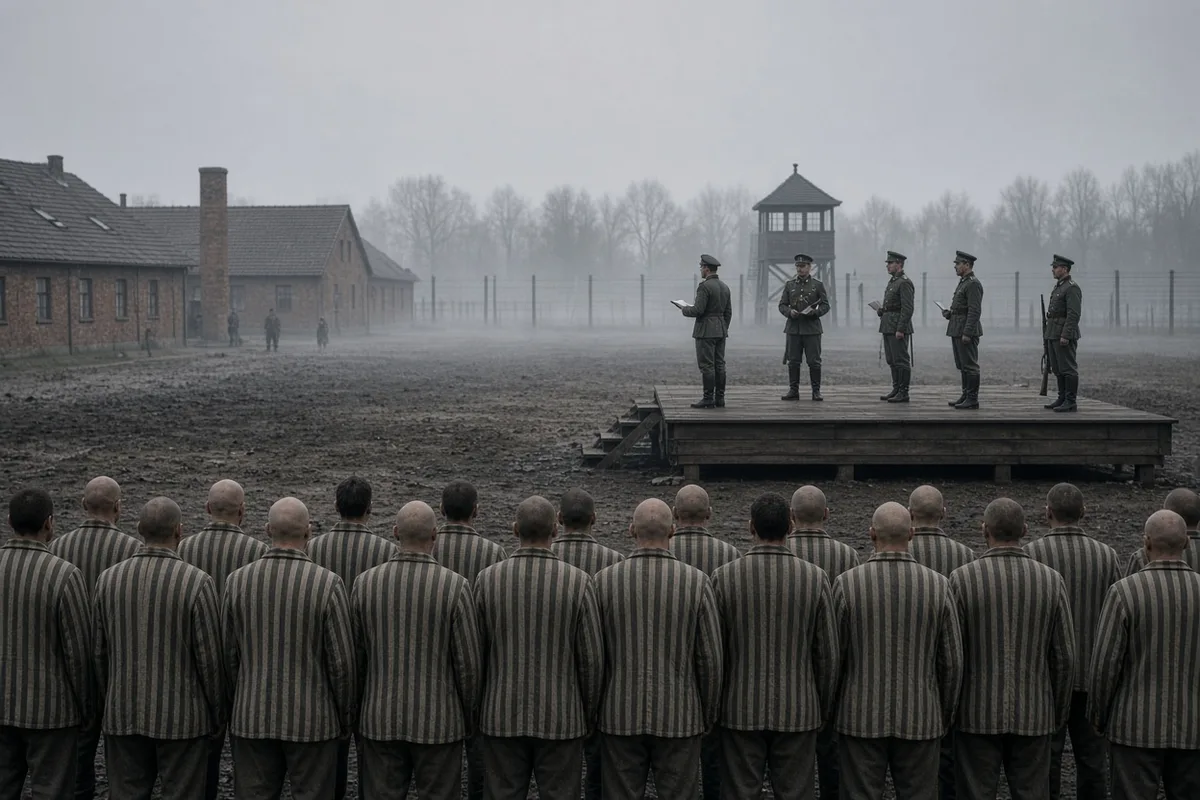 During a 1941 roll call at Auschwitz, ten men were selected for execution in reprisal for an escape.