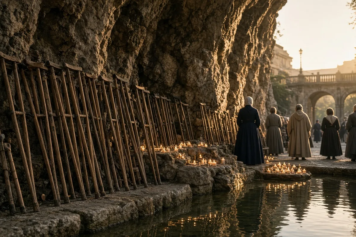 Pilgrims at Lourdes in 1947 visited the grotto where the Virgin Mary appeared to Bernadette Soubirous.