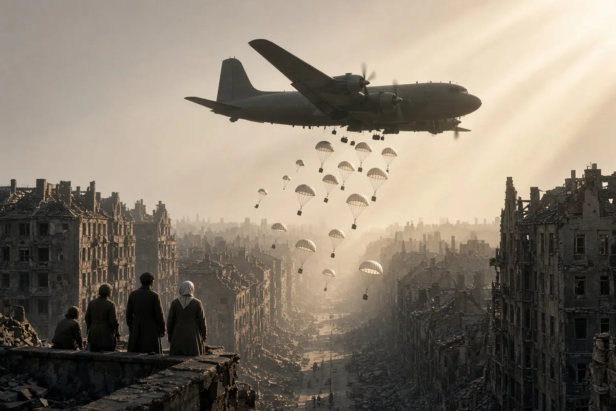 Gail Halvorsen began dropping candy tied to handkerchief parachutes over West Berlin during the airlift.