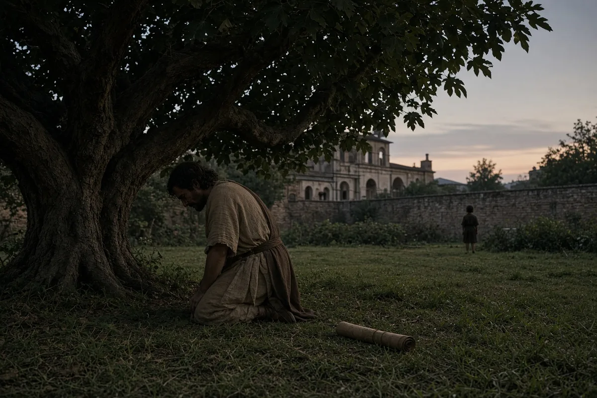 In 386, overwhelmed by inner conflict, Augustine wept alone in a garden in Milan until he heard a child's voice repeating the phrase 'tolle lege'—take up and read.
