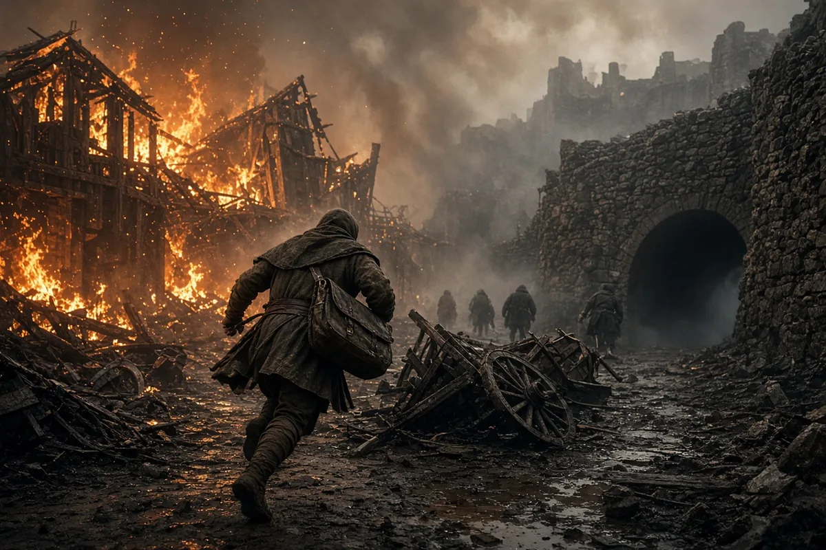 The uprising ended in flames after several weeks, with surviving couriers attempting last escapes or stands.