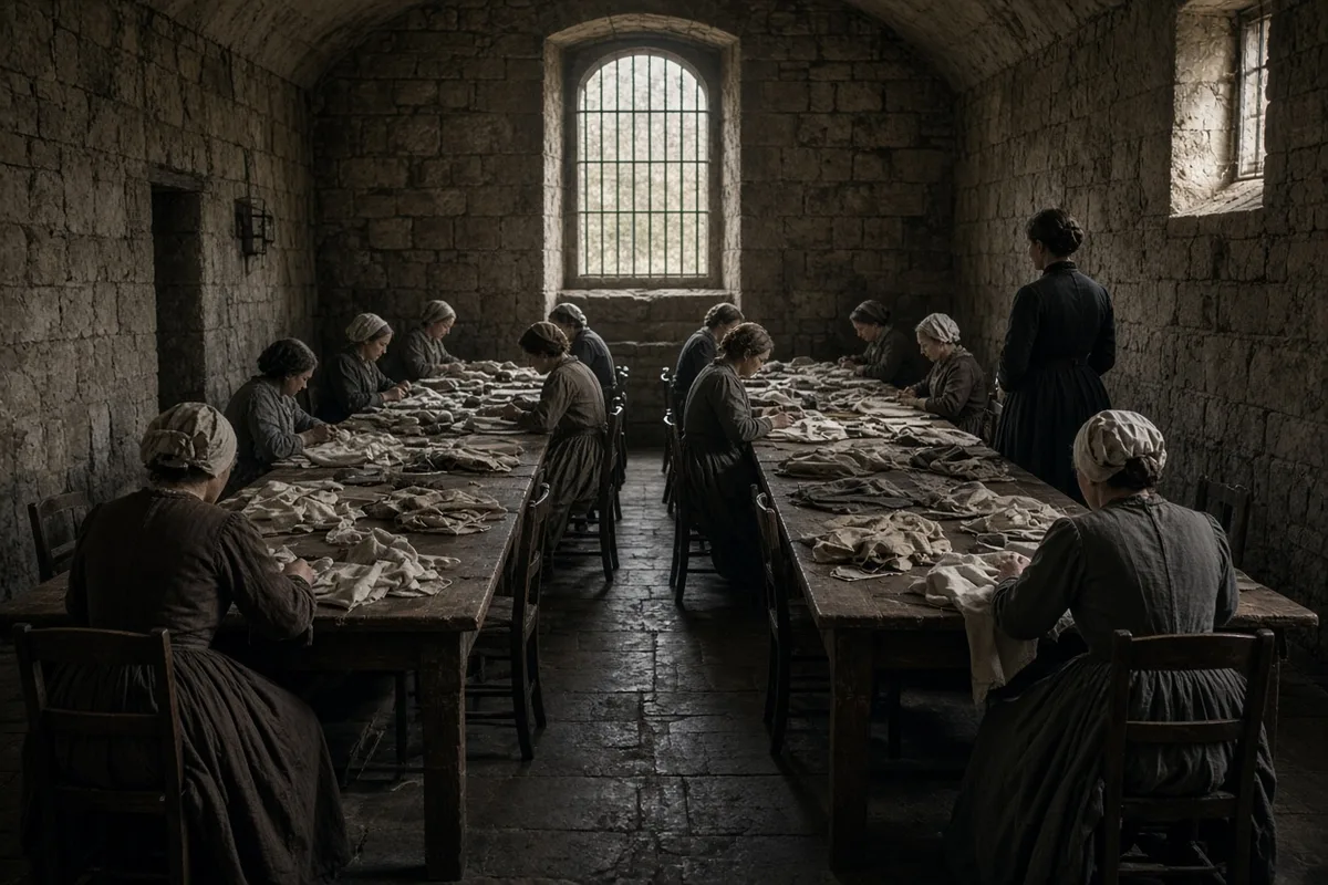 Structured activities such as sewing helped establish discipline and purpose among the inmates.