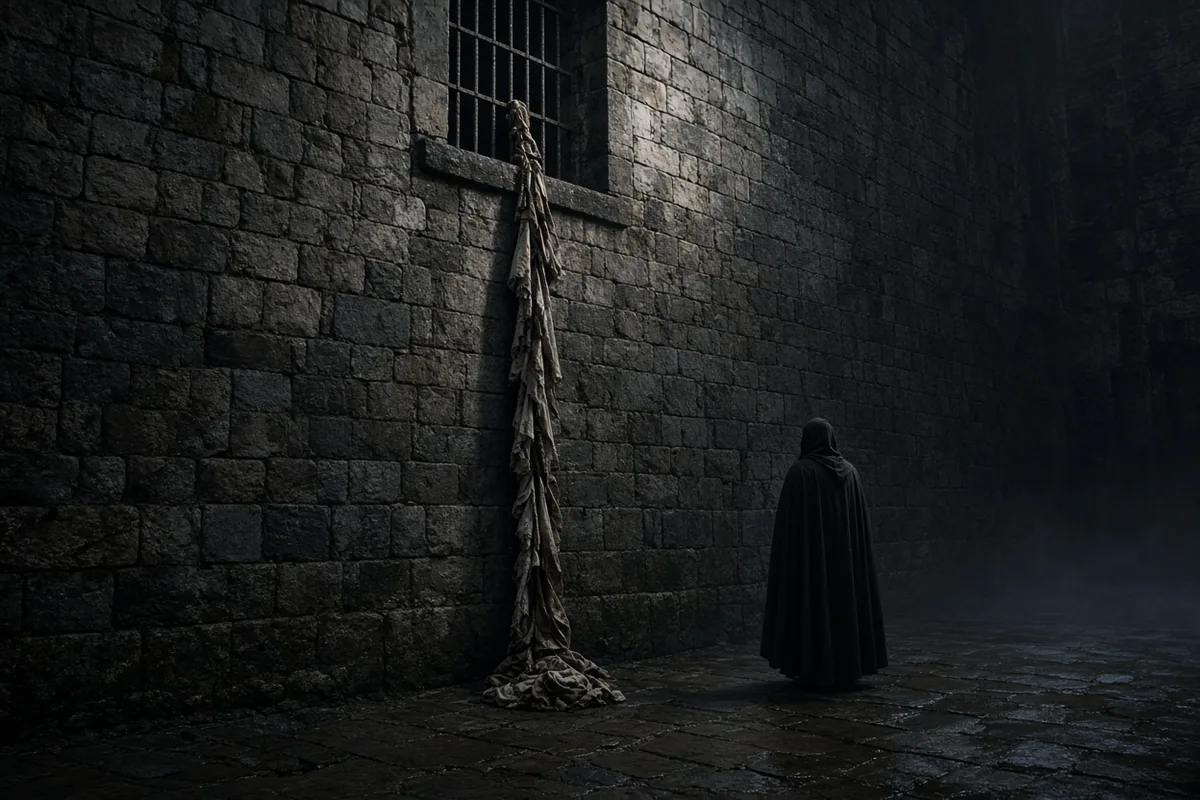 John lowered himself from the window with a rope made from his bedding and escaped into the night.